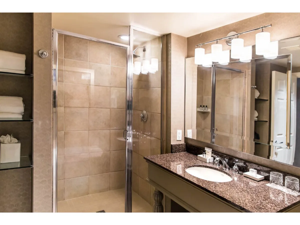 This image offers a clear view of a serene bathroom featuring a walk-in shower with glass doors, a granite countertop vanity with a large mirror, and elegant lighting fixtures. The ambiance conveys a sense of tranquility and modern luxury, perfect for unwinding and self-care routines.