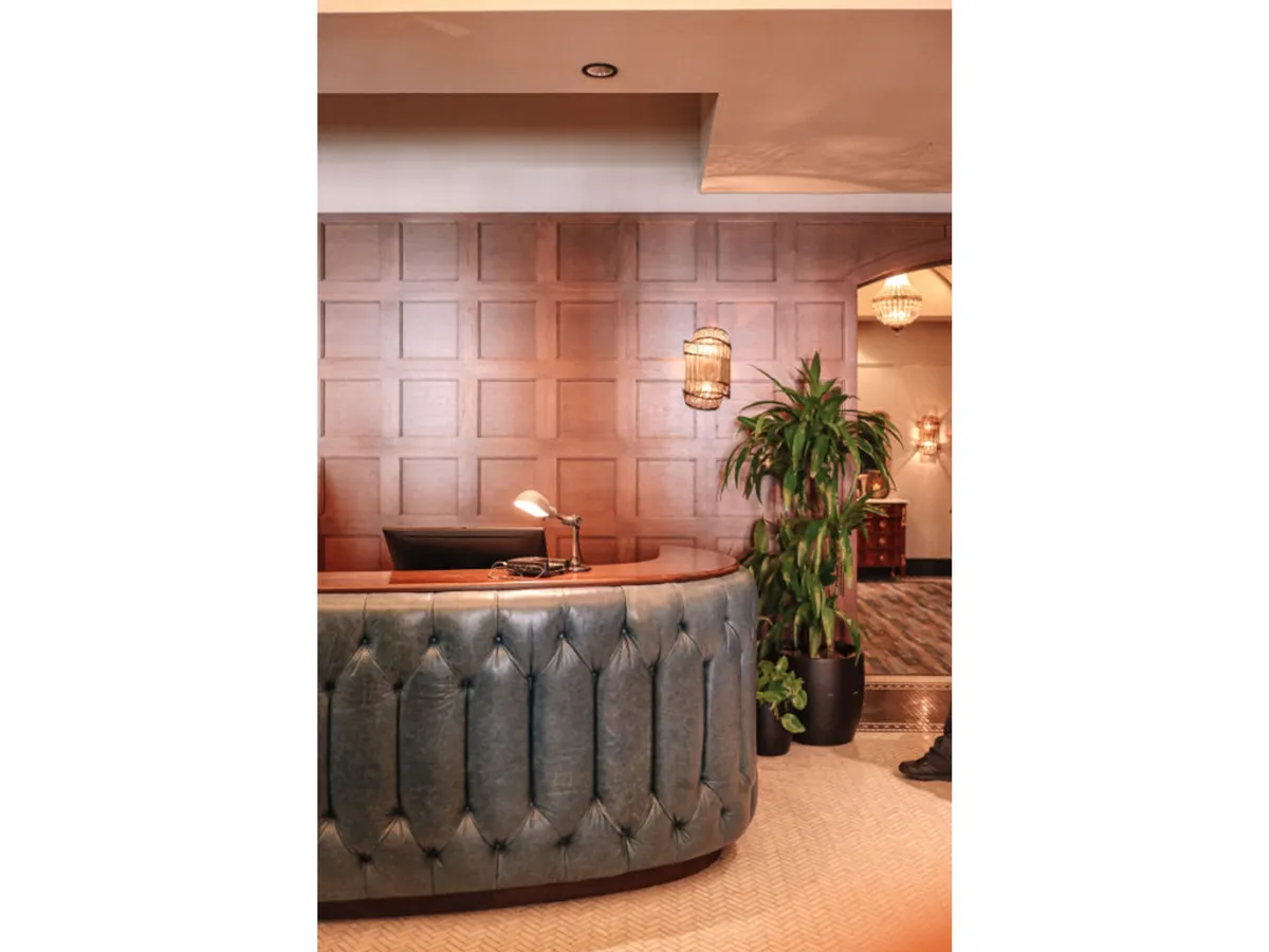 A stylish curved reception desk anchors the lobby, set against a warm wood-paneled wall with an eye-catching hanging lamp and a lush indoor plant. The scene conveys a sense of welcoming professionalism, capturing the start of every guest's boutique experience.